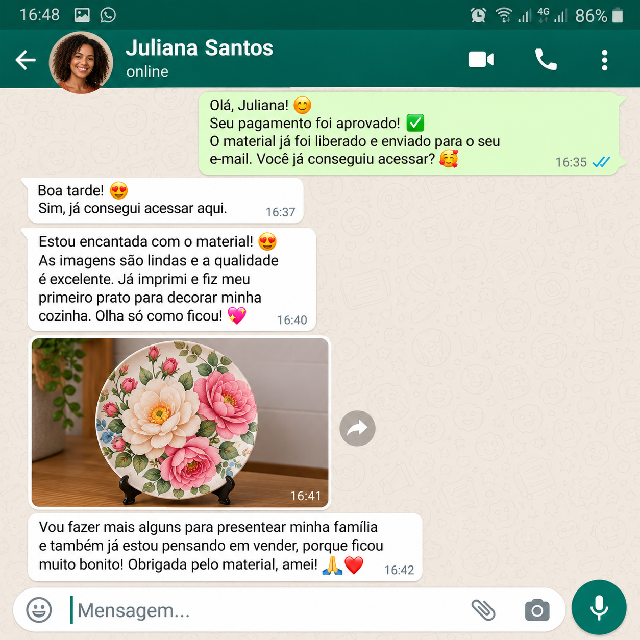 Depoimento sobre Prato Decorativo Floral no WhatsApp