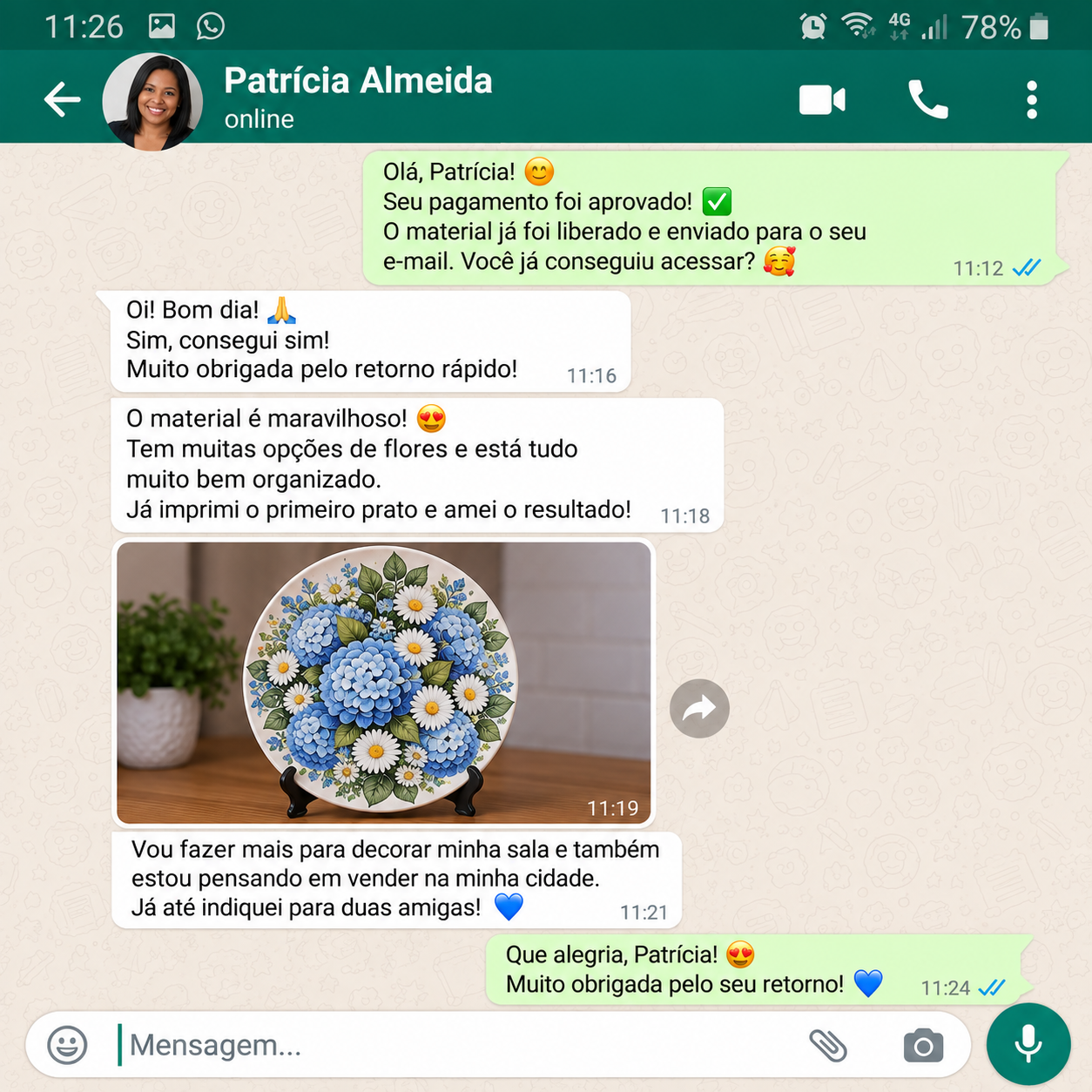Depoimento sobre prato floral decorativo no WhatsApp