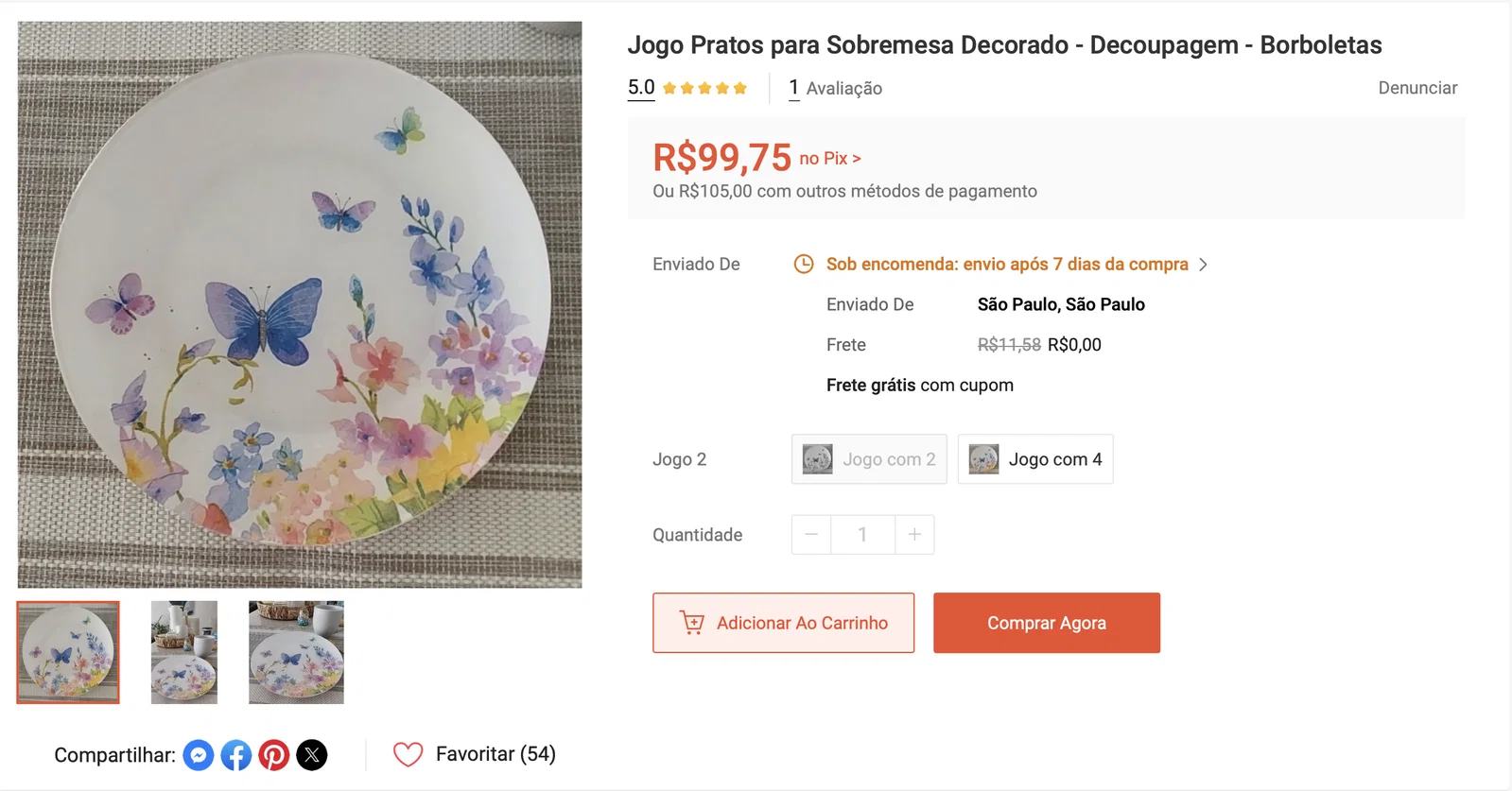 Exemplo de anúncio real de pratos decorados com borboletas