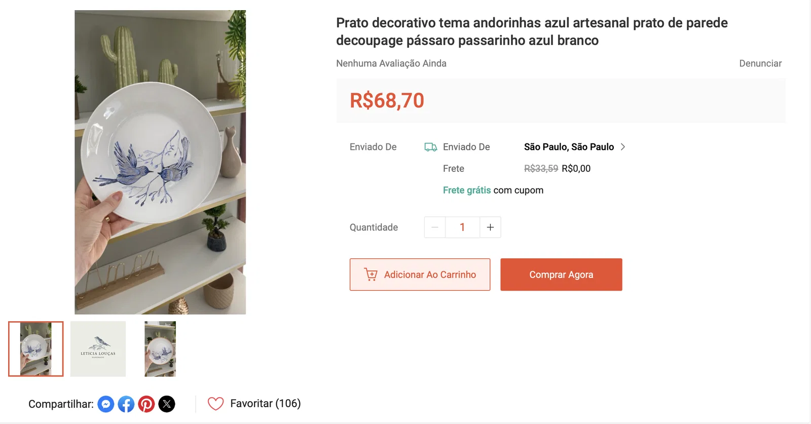Exemplo de anúncio real de prato artesanal feito à mão